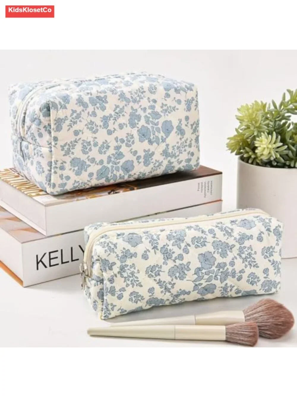 Set of 2 Quilted Cotton Makeup Bags with Floral Design | Travel Cosmetic Pouch